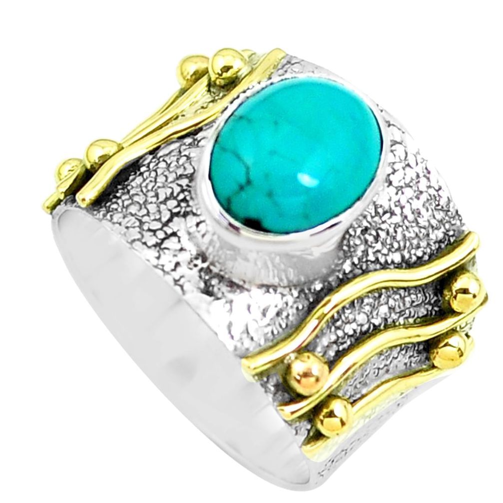 Victorian natural green turquoise tibetan 925 silver two tone ring size 8 p50607