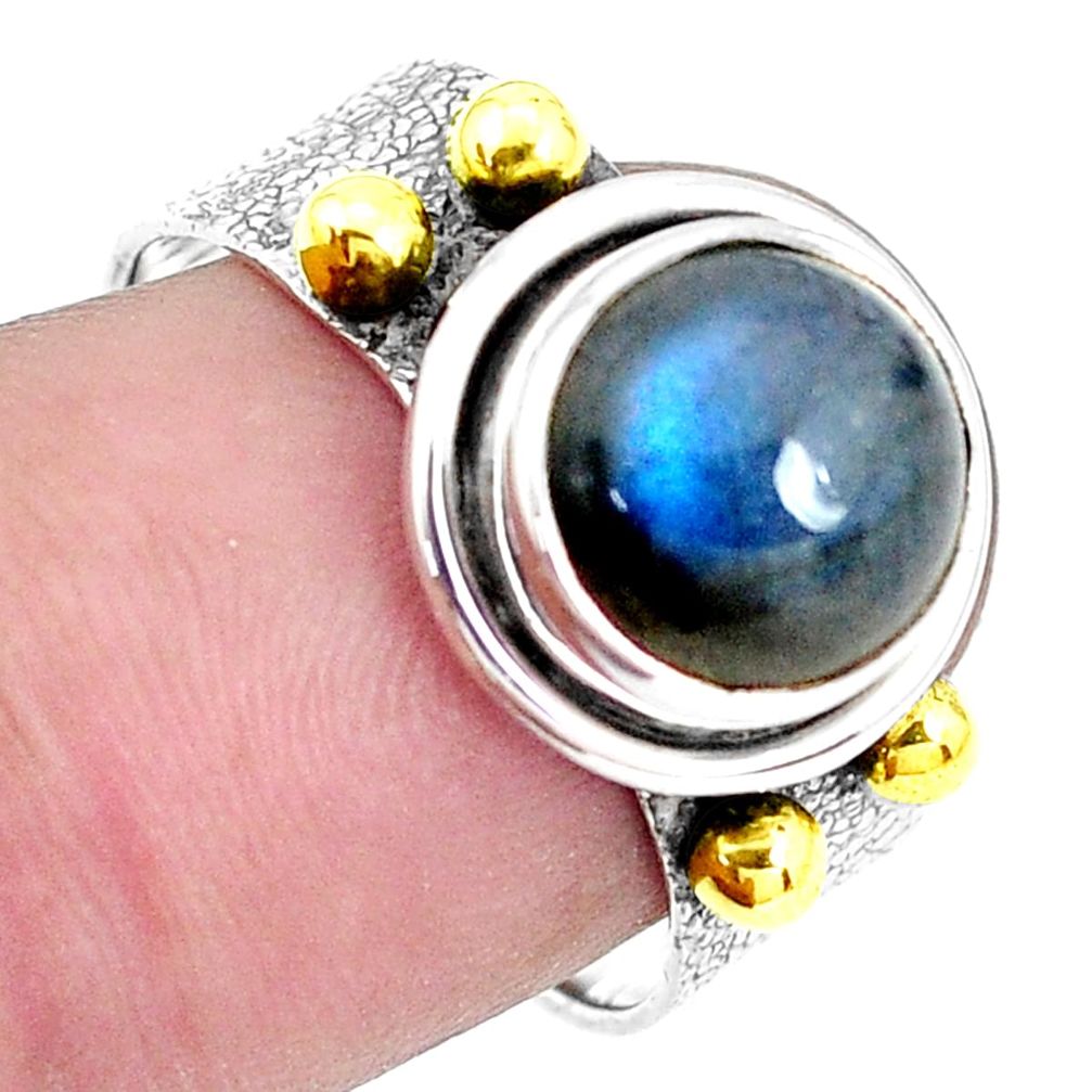 Victorian natural labradorite 925 silver two tone solitaire ring size 7.5 p32336