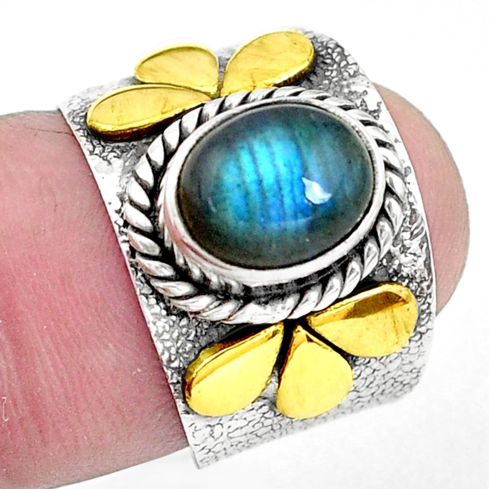 Victorian natural labradorite 925 silver two tone solitaire ring size 6.5 p40275