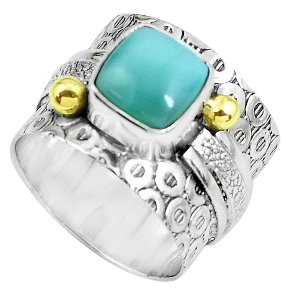 Victorian natural larimar 925 silver two tone solitaire ring size 6.5 p61954