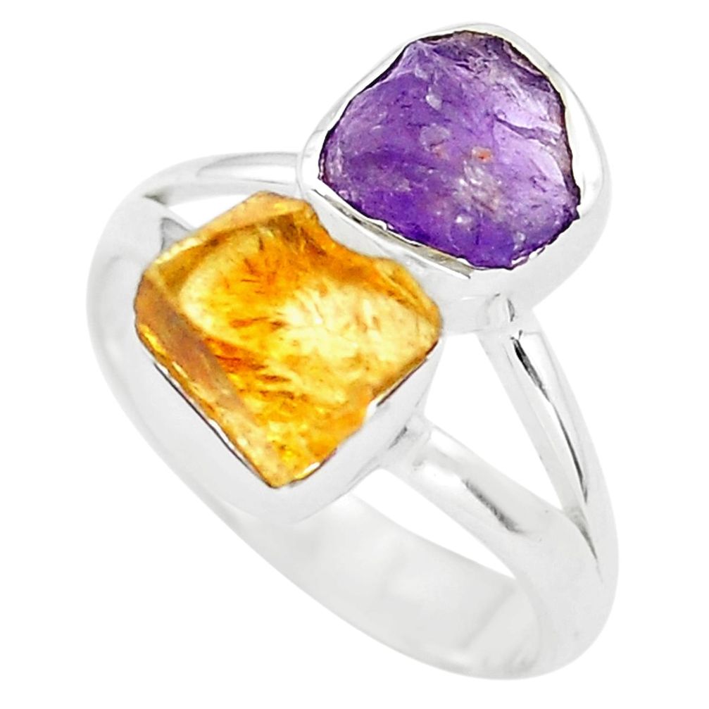 7.65cts yellow citrine rough amethyst rough 925 silver ring size 7 p73887