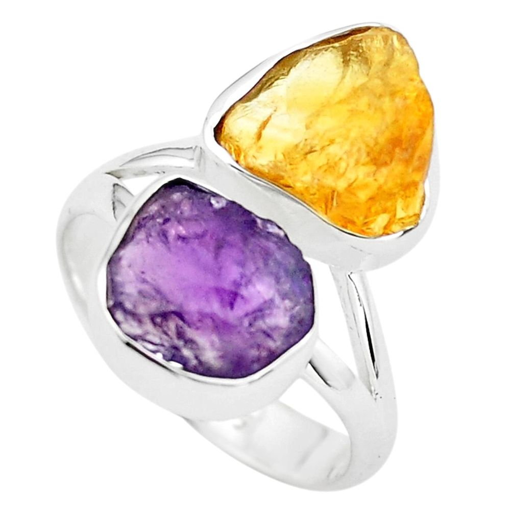 10.02cts yellow citrine rough amethyst rough 925 silver ring size 7 p73905