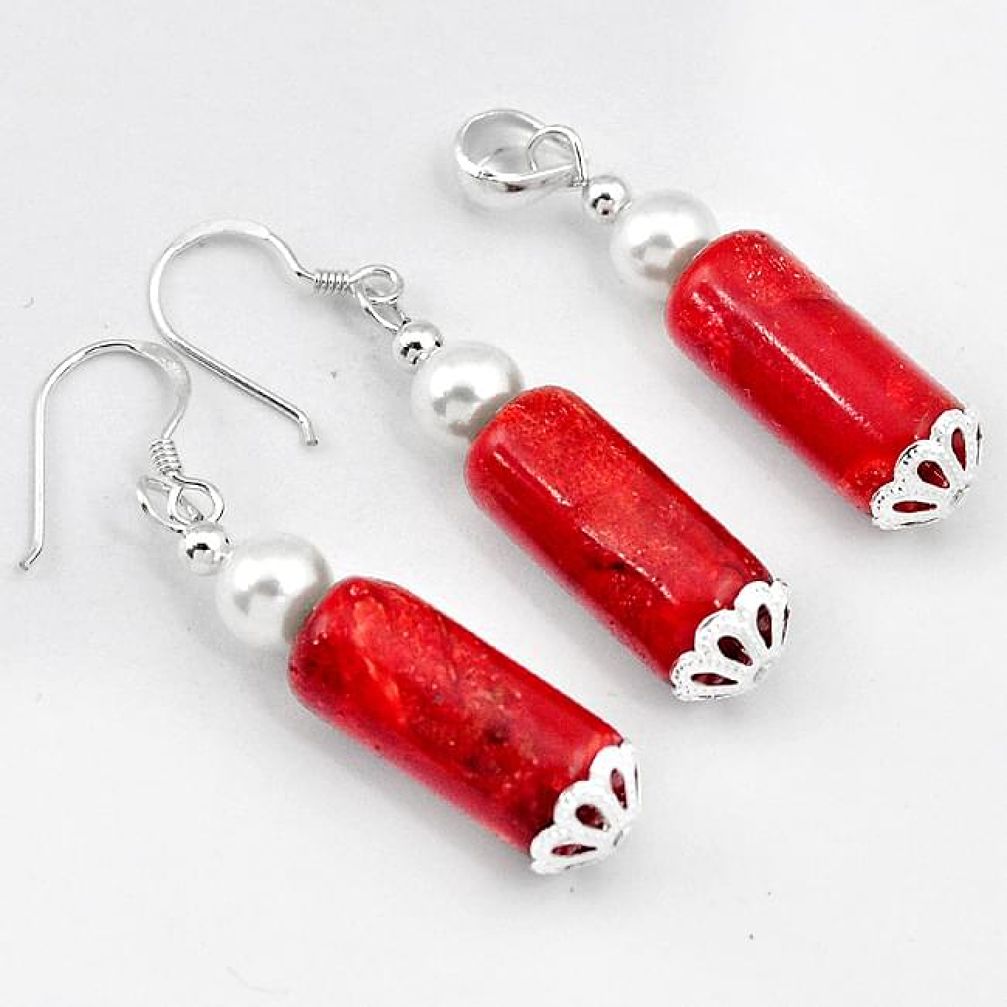 925 SILVER AWESOME RED SPONGE CORAL PEARL FANCY PENDANT EARRINGS SET H41871