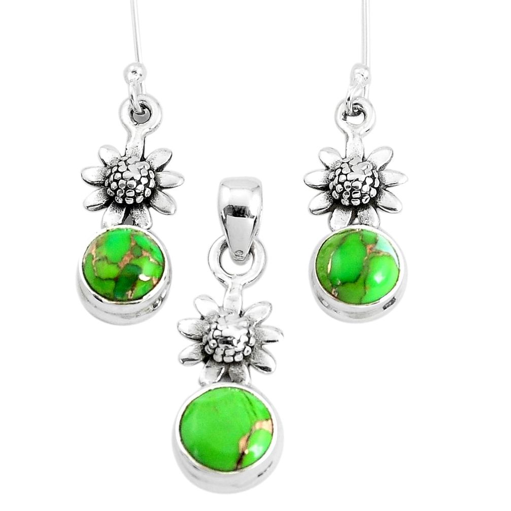 925 silver 5.62cts green copper turquoise flower pendant earrings set p38649