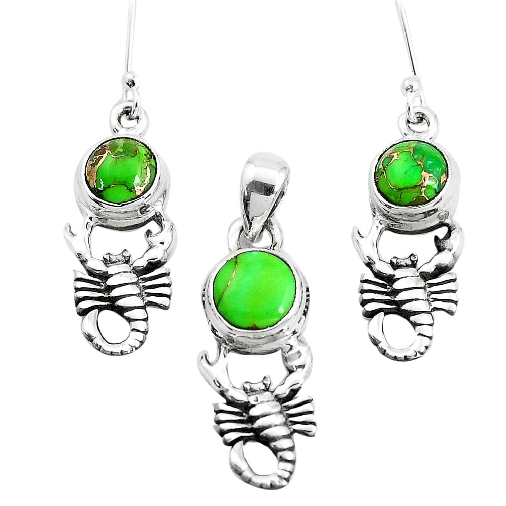 925 silver 5.81cts green copper turquoise scorpion pendant earrings set p38590