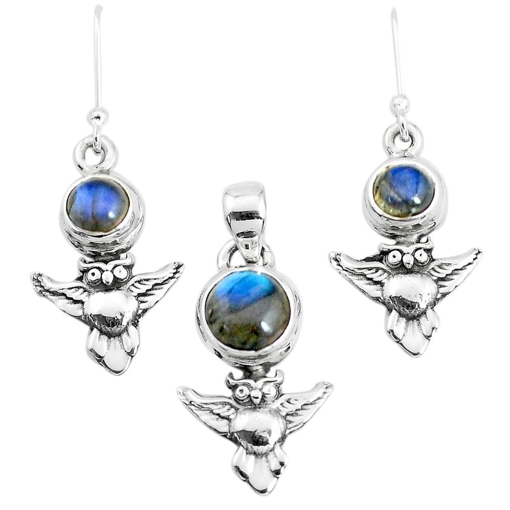 925 silver 6.53cts natural blue labradorite owl pendant earrings set p38608