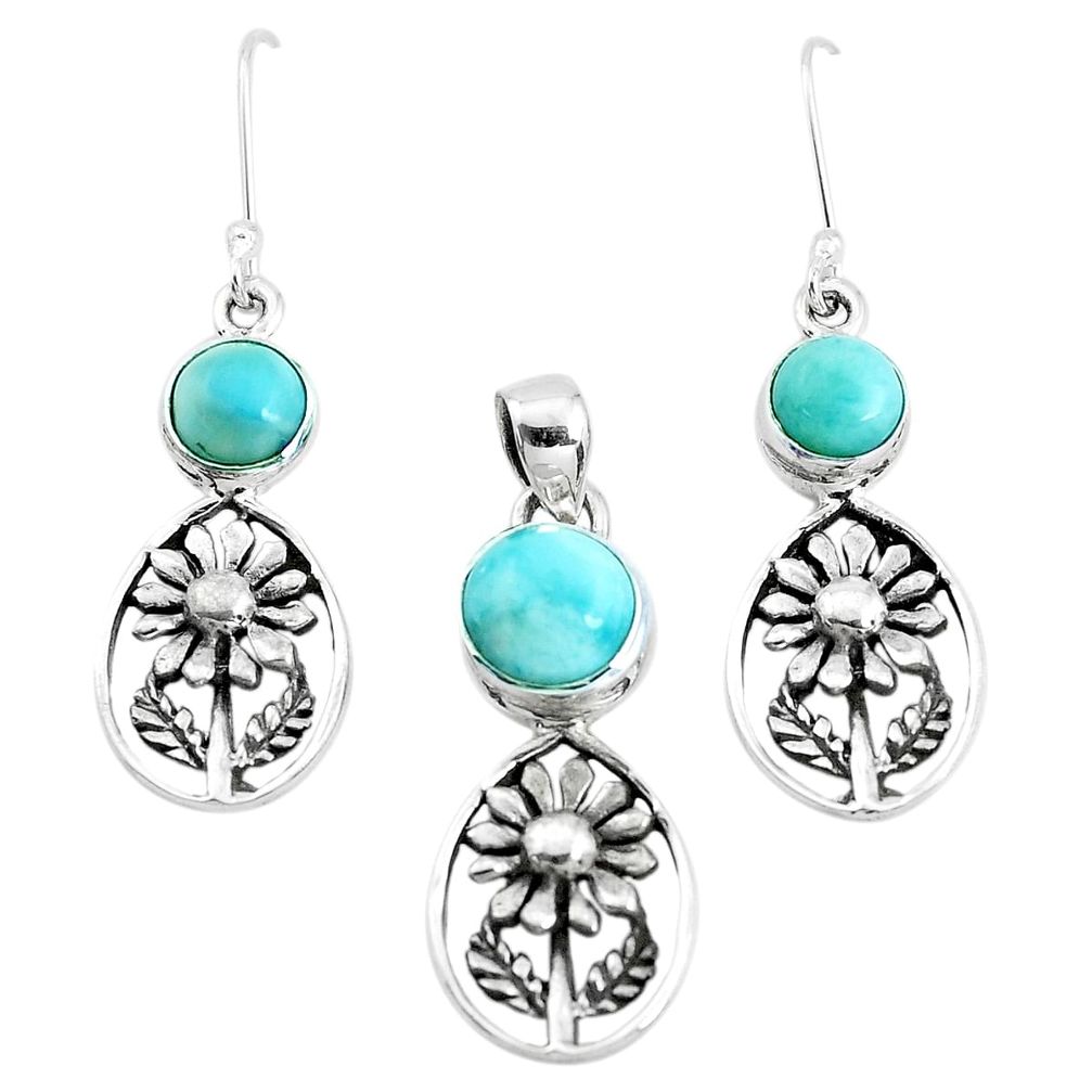 925 silver 7.41cts natural blue larimar flower pendant earrings set p38655