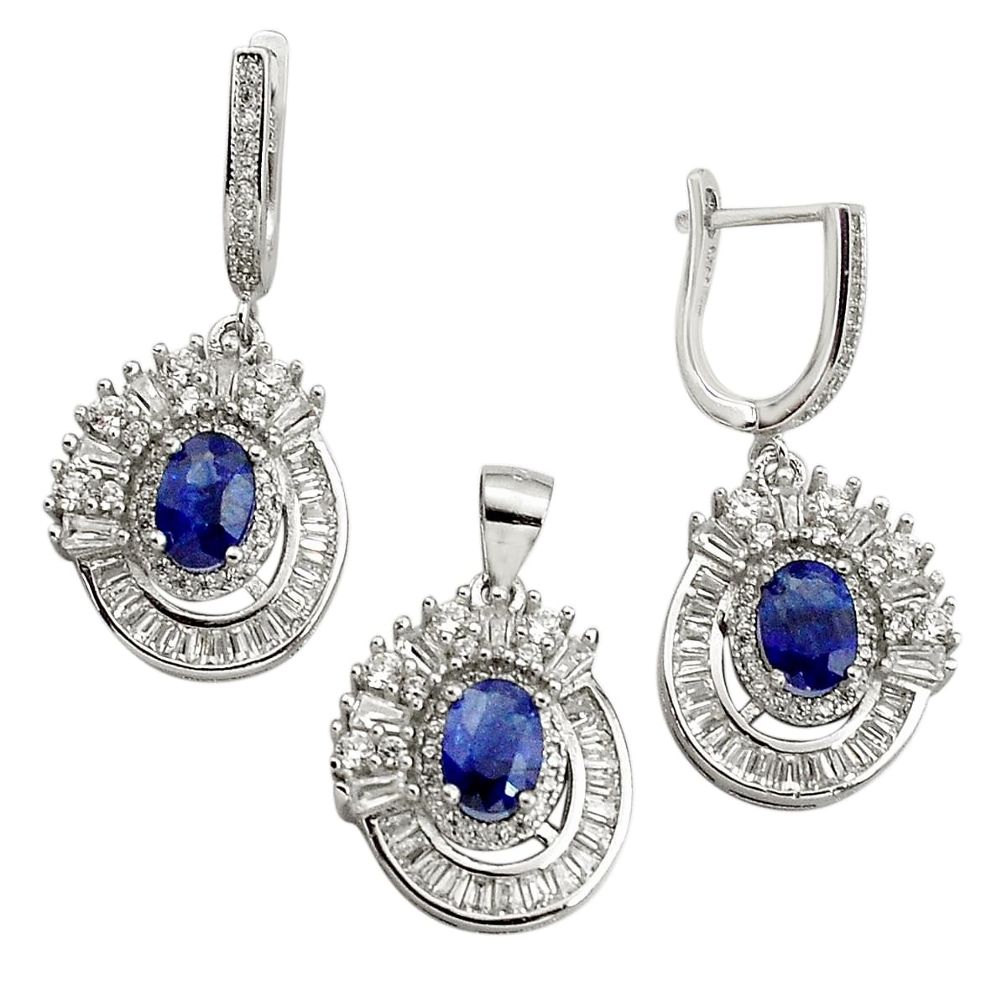 925 silver 12.31cts natural blue sapphire white topaz pendant earrings set c4480