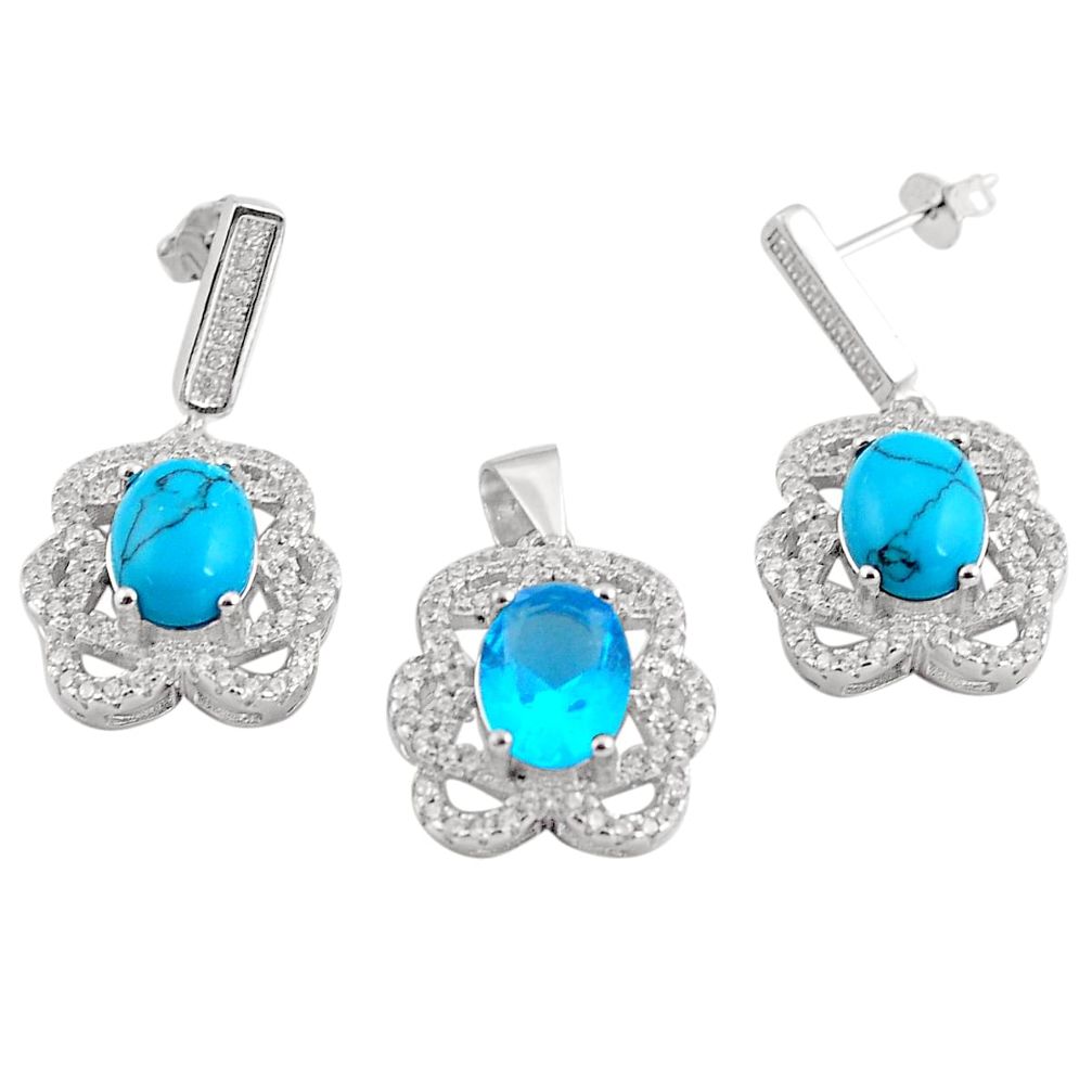 925 silver 11.11cts natural blue topaz turquoise earring pendant set c4520