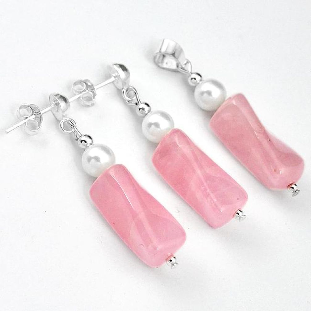 925 silver natural pink rose quartz white pearl pendant earrings set h50118