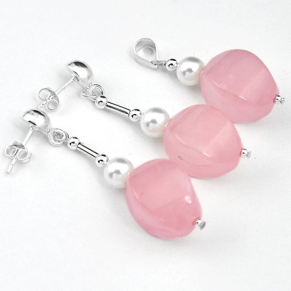 925 SILVER SWEET PINK ROSE QUARTZ PEARL FANCY PENDANT EARRINGS SET H41791