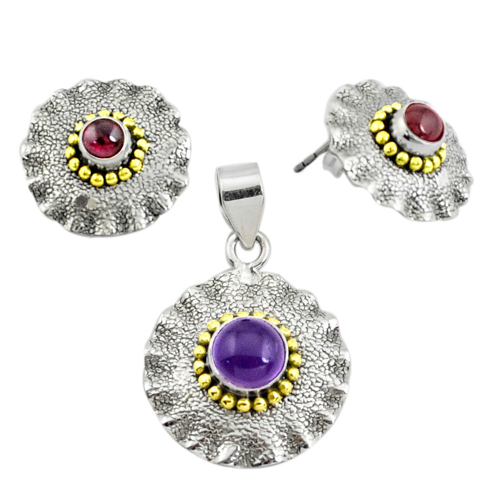 925 silver victorian natural amethyst two tone pendant earrings set p44587