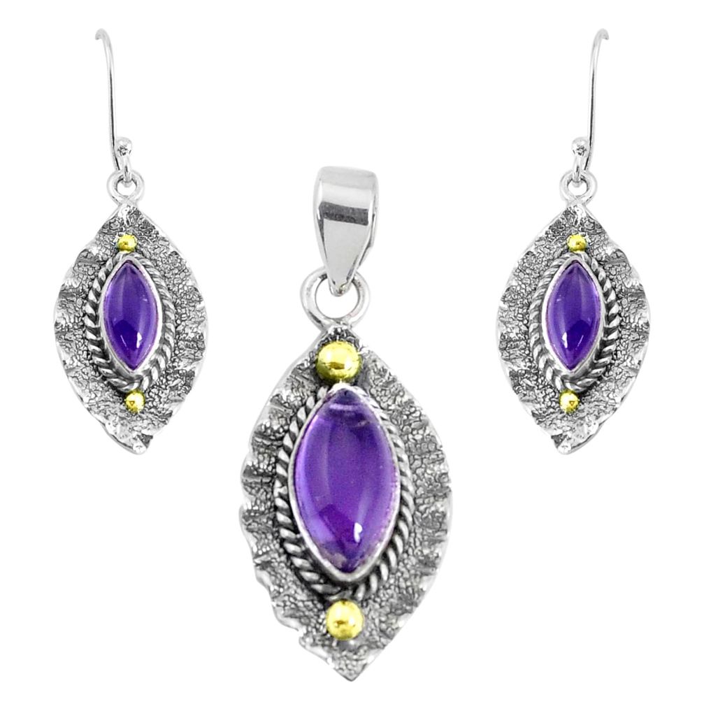 925 silver victorian natural amethyst two tone pendant earrings set p44604