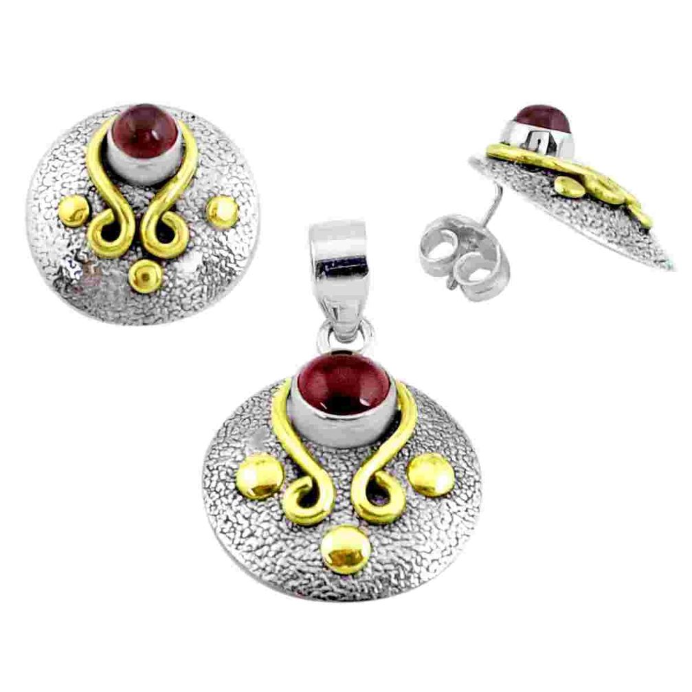 925 silver victorian natural red garnet two tone pendant earrings set p44665