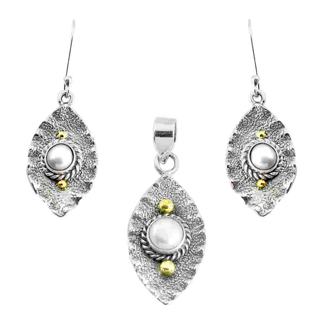 925 silver victorian natural white pearl two tone pendant earrings set p44703