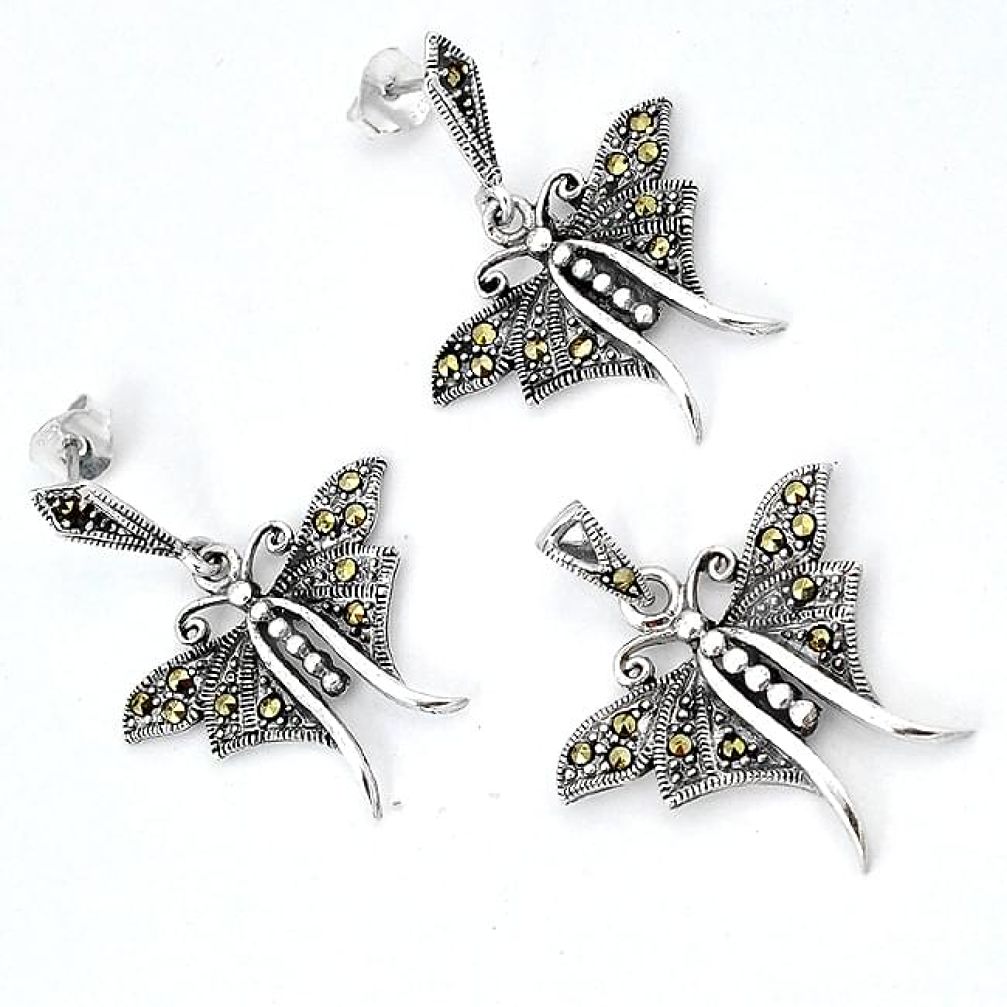 925 sterling silver art deco marcasite butterfly pendant earrings set h48164