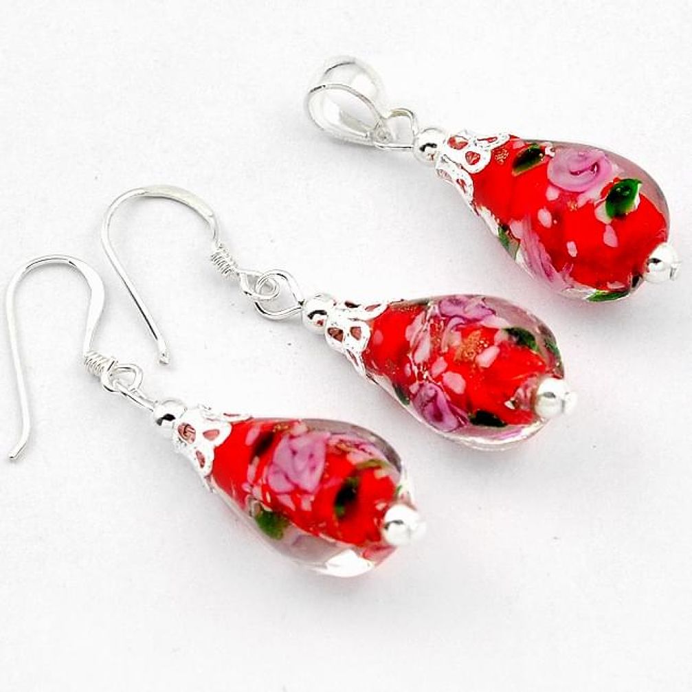 925 sterling silver italian murano glass drop flower pendant earrings set h54120