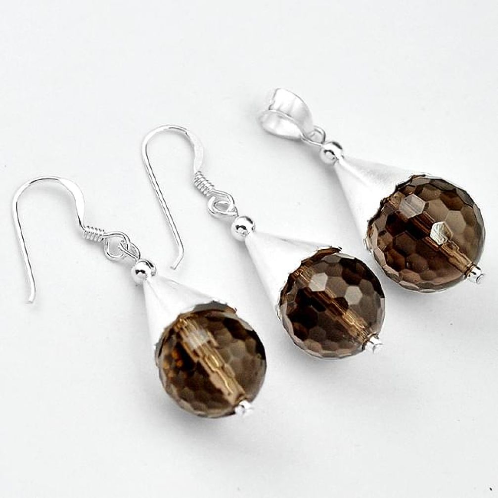 925 sterling silver natural brown smoky topaz drop pendant earrings set h50096