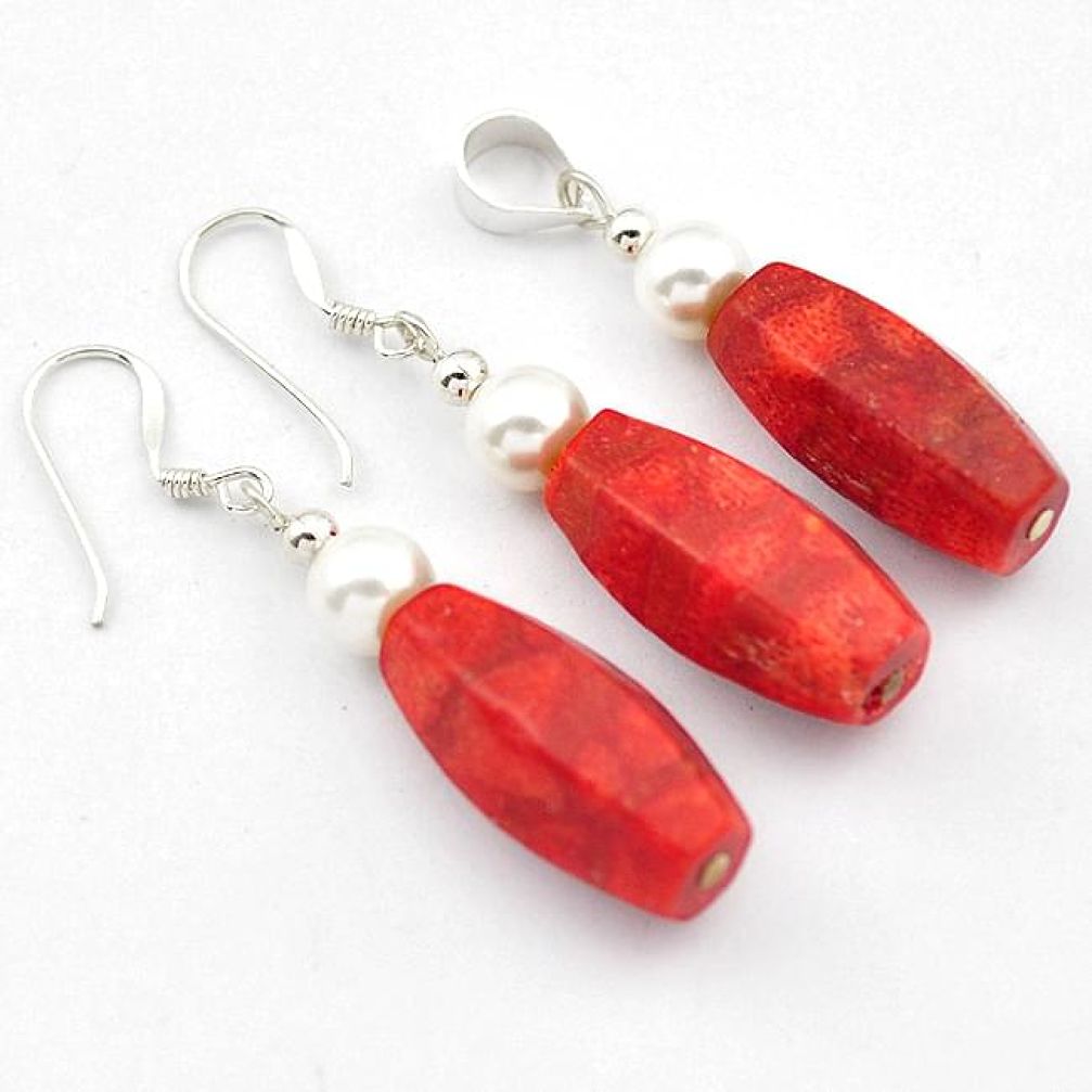 925 sterling silver natural red sponge coral pearl pendant earrings set h54139