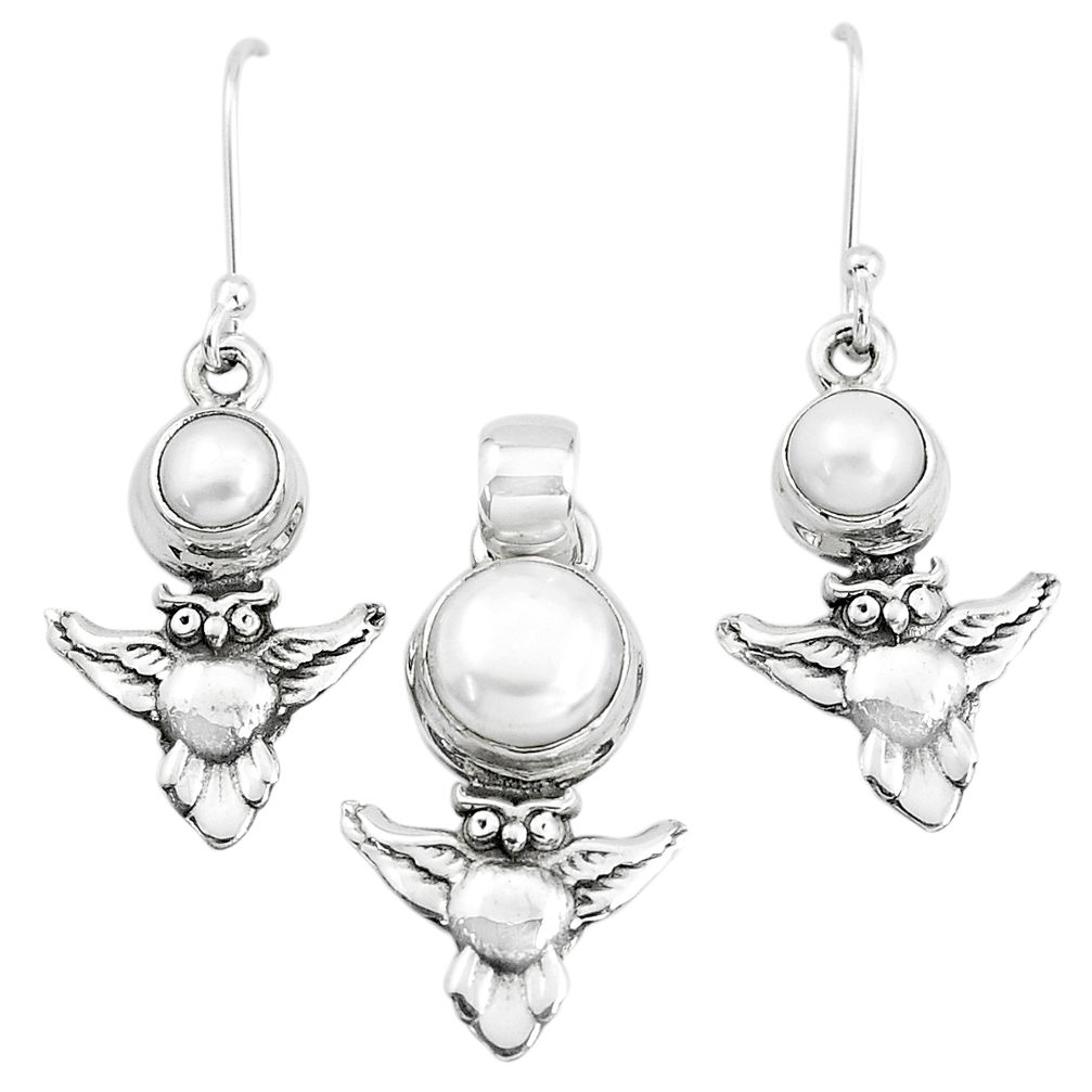 925 sterling silver 5.01cts natural white pearl owl pendant earrings set p38507