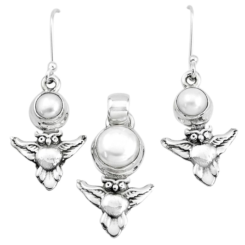 925 sterling silver 6.32cts natural white pearl owl pendant earrings set p38604