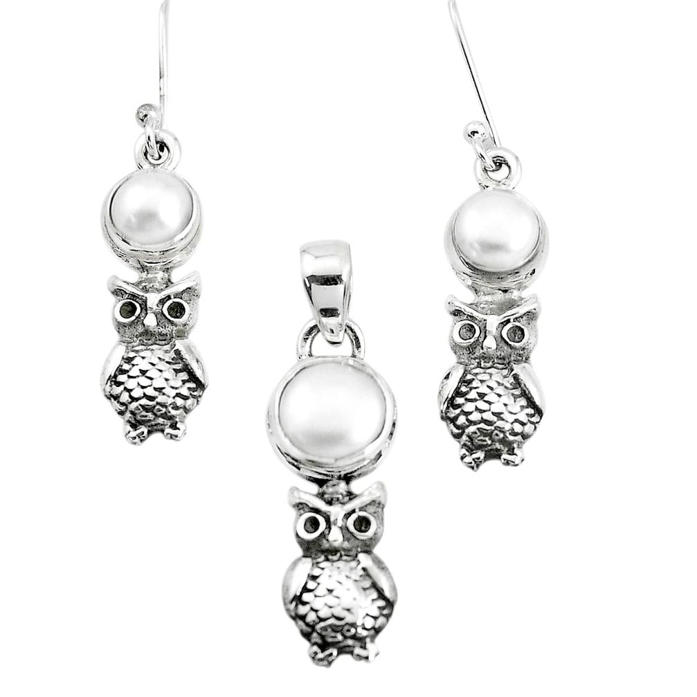 925 sterling silver 6.15cts natural white pearl owl pendant earrings set p38639