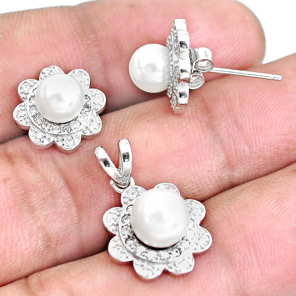 925 sterling silver 6.33cts natural white pearl pendant earrings set c1272