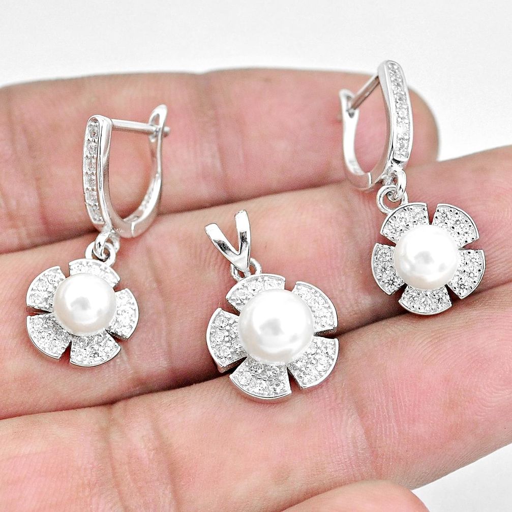 925 sterling silver 8.27cts natural white pearl round pendant earrings set c1266