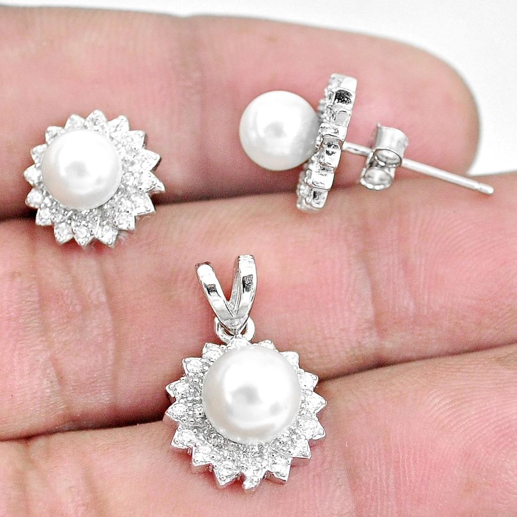 925 sterling silver 6.57cts natural white pearl round pendant earrings set c1268