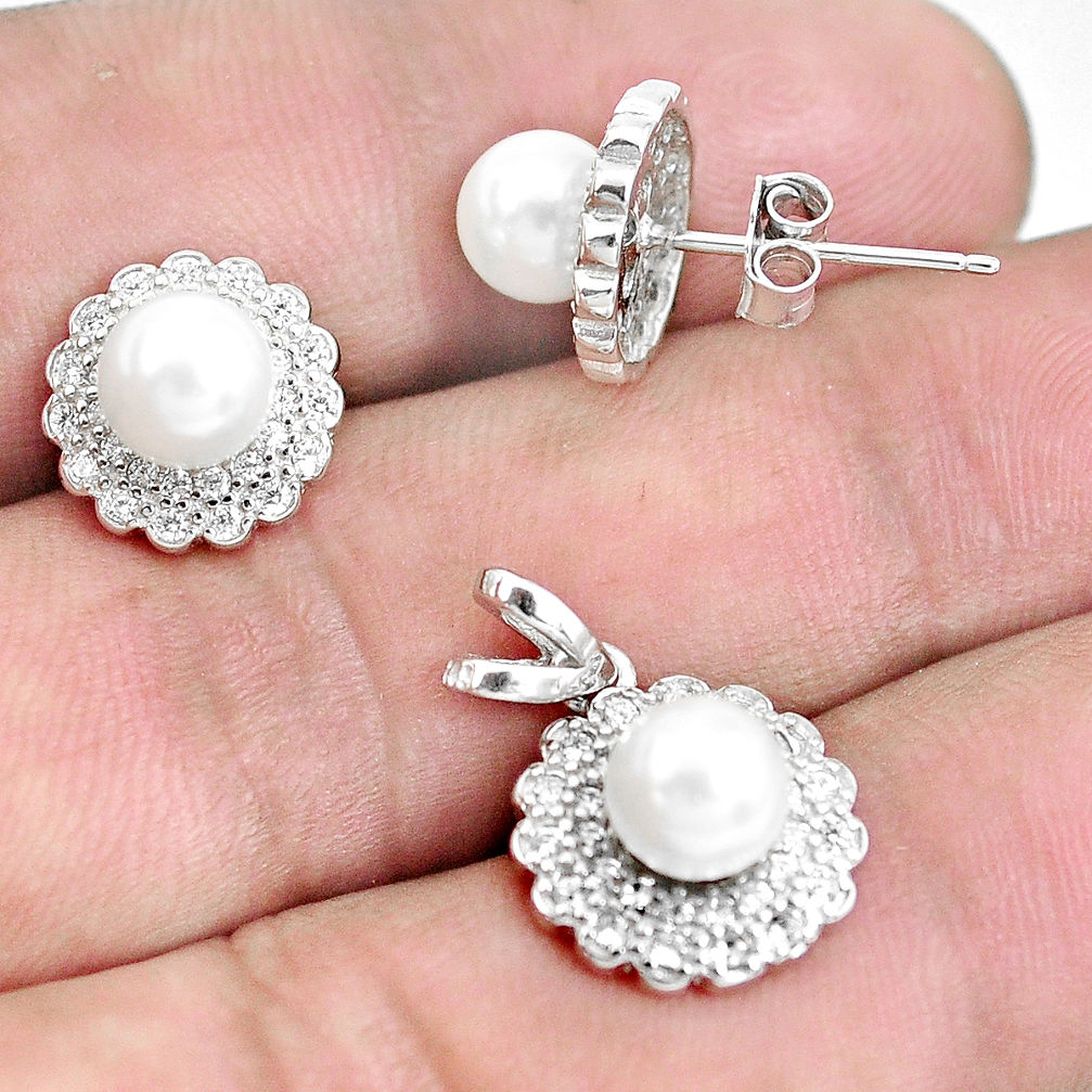 925 sterling silver 6.04cts natural white pearl round pendant earrings set c1275