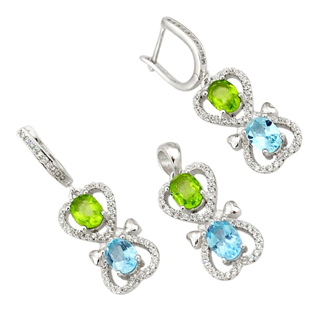 Natural blue topaz peridot topaz 925 silver pendant earrings set a38207