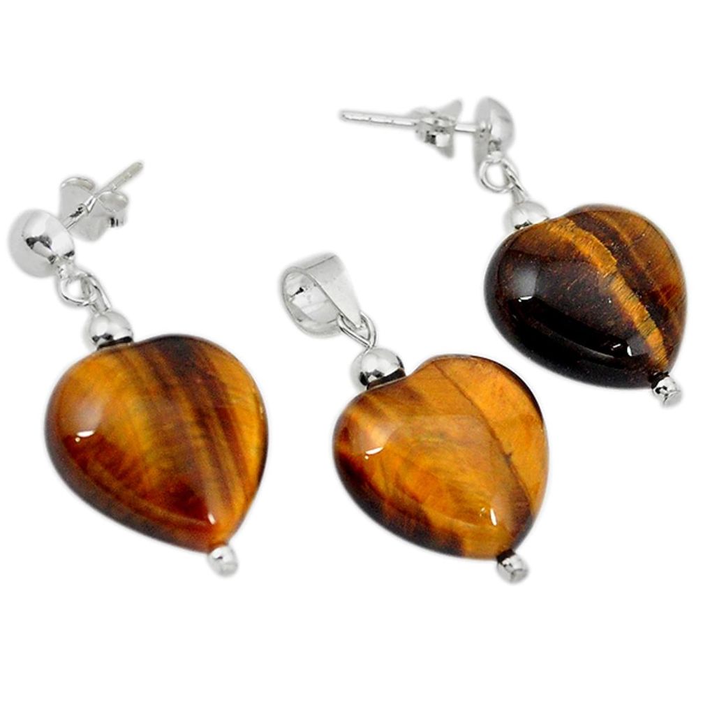 Natural brown tiger's eye 925 sterling silver pendant earrings set a49788