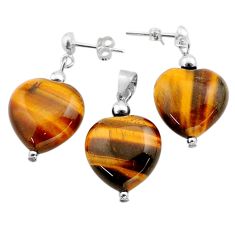 925 silver 37.94cts natural brown tiger's eye heart pendant earrings set c27319