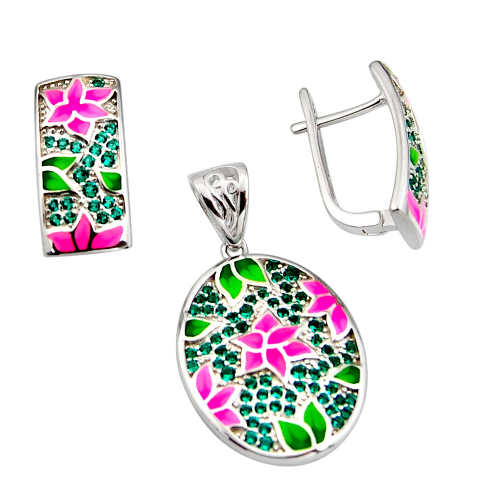 2.01cts color inlay emerald (lab) enamel 925 silver pendant earrings set c7963