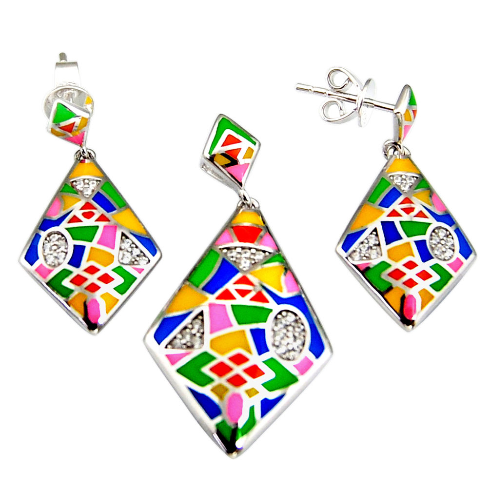 Color inlay topaz quartz enamel 925 sterling silver pendant earrings set c7975