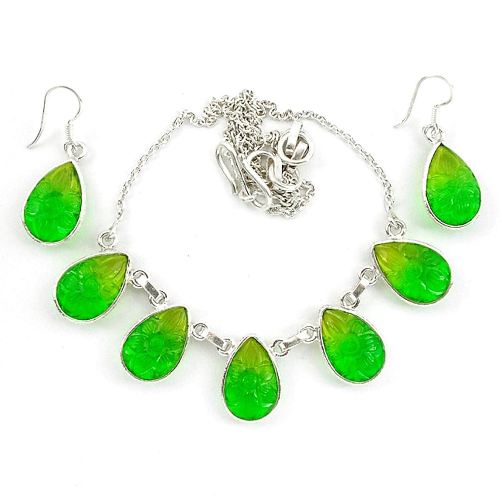 Green tourmaline (lab) pear 925 sterling silver earrings necklace set d10379