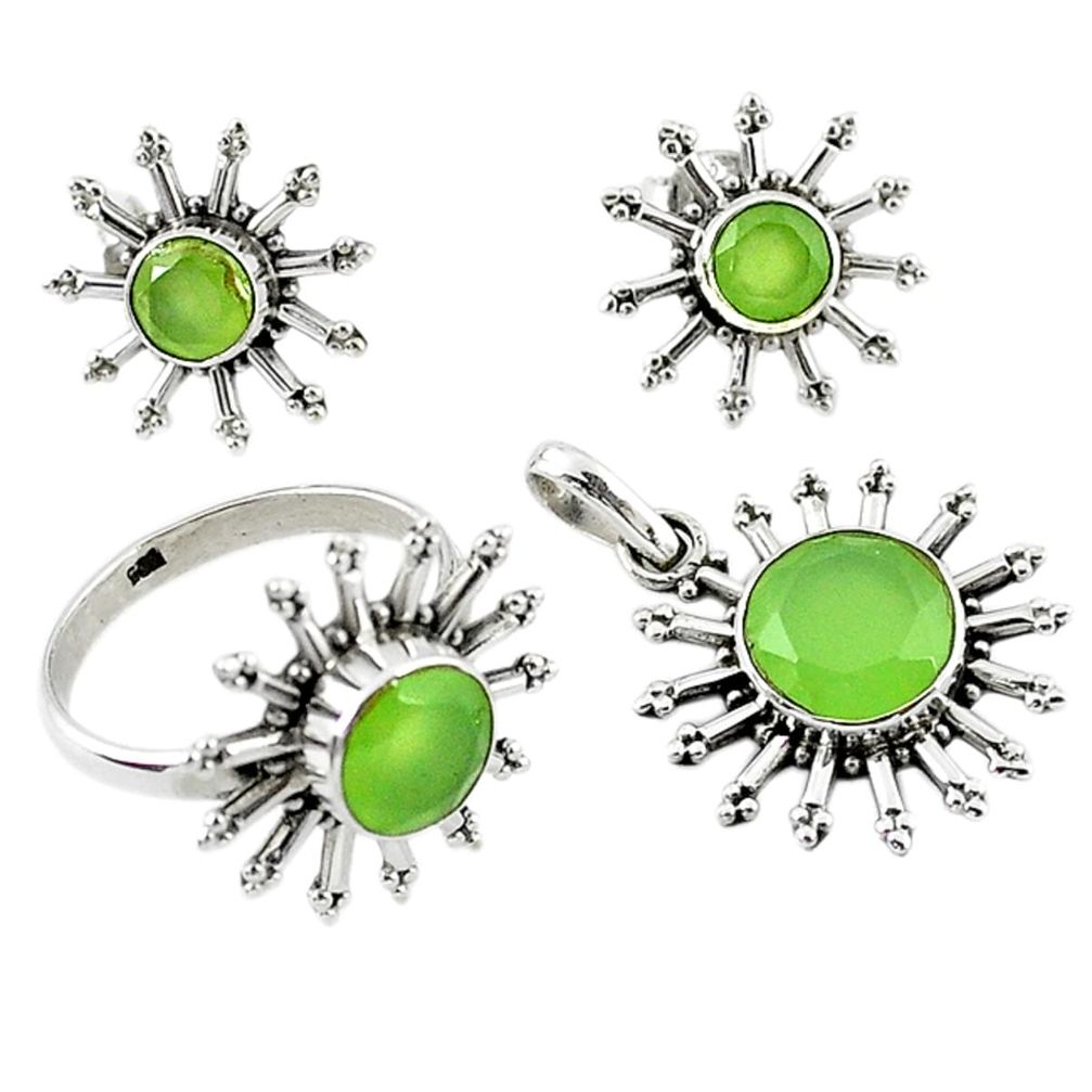 925 silver natural green prehnite round pendant ring earrings set d13604