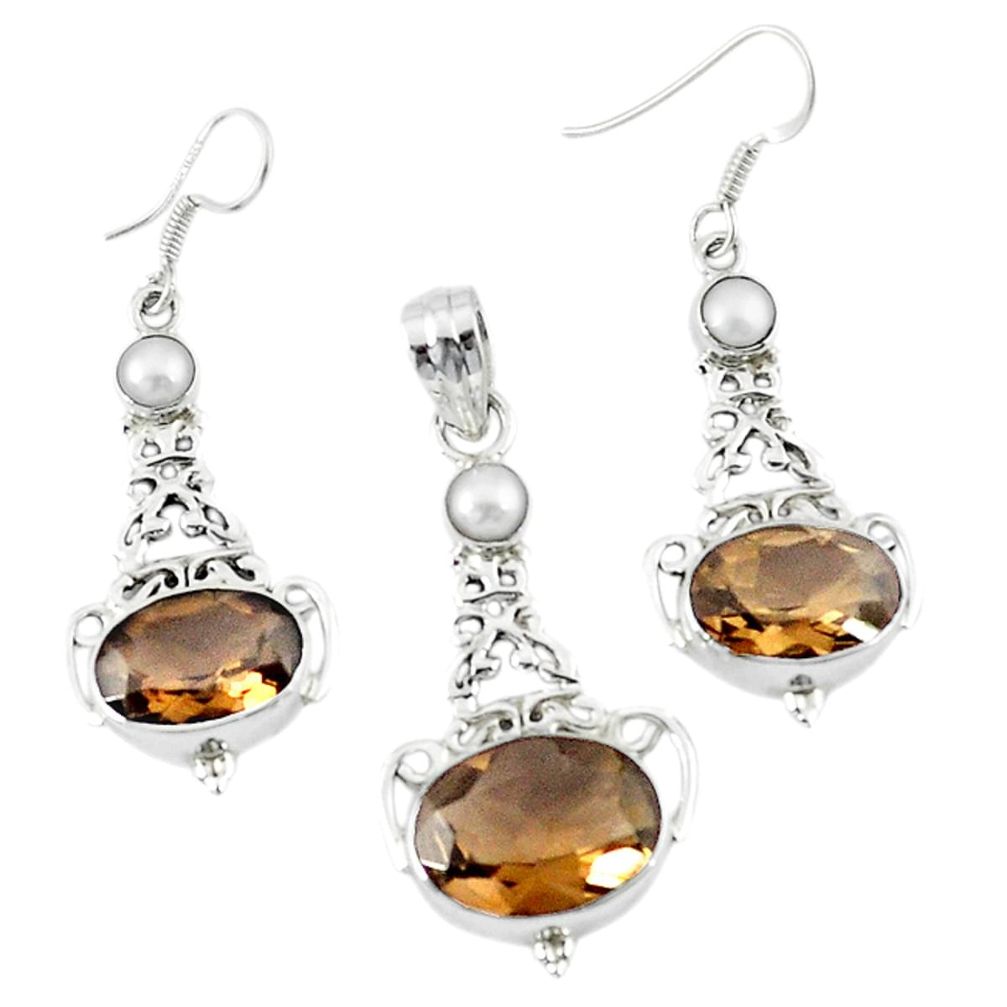 Brown smoky topaz pearl 925 silver pendant ring earrings set d13606