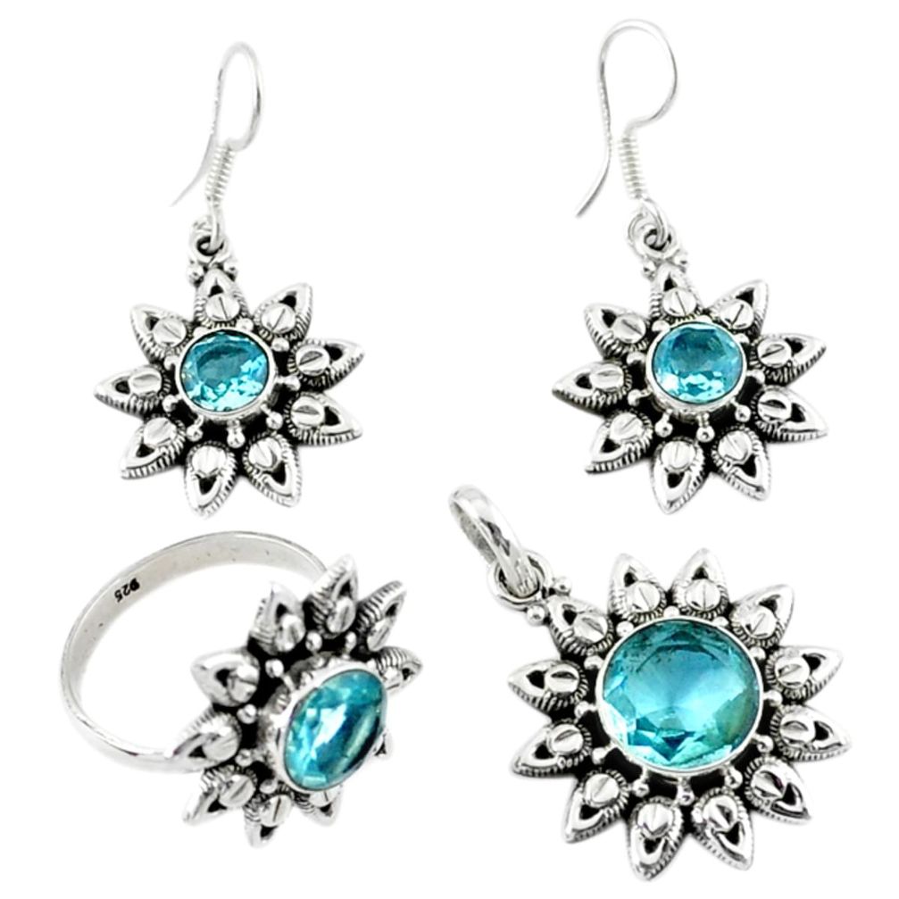 925 sterling silver natural blue topaz round pendant ring earrings set d13609