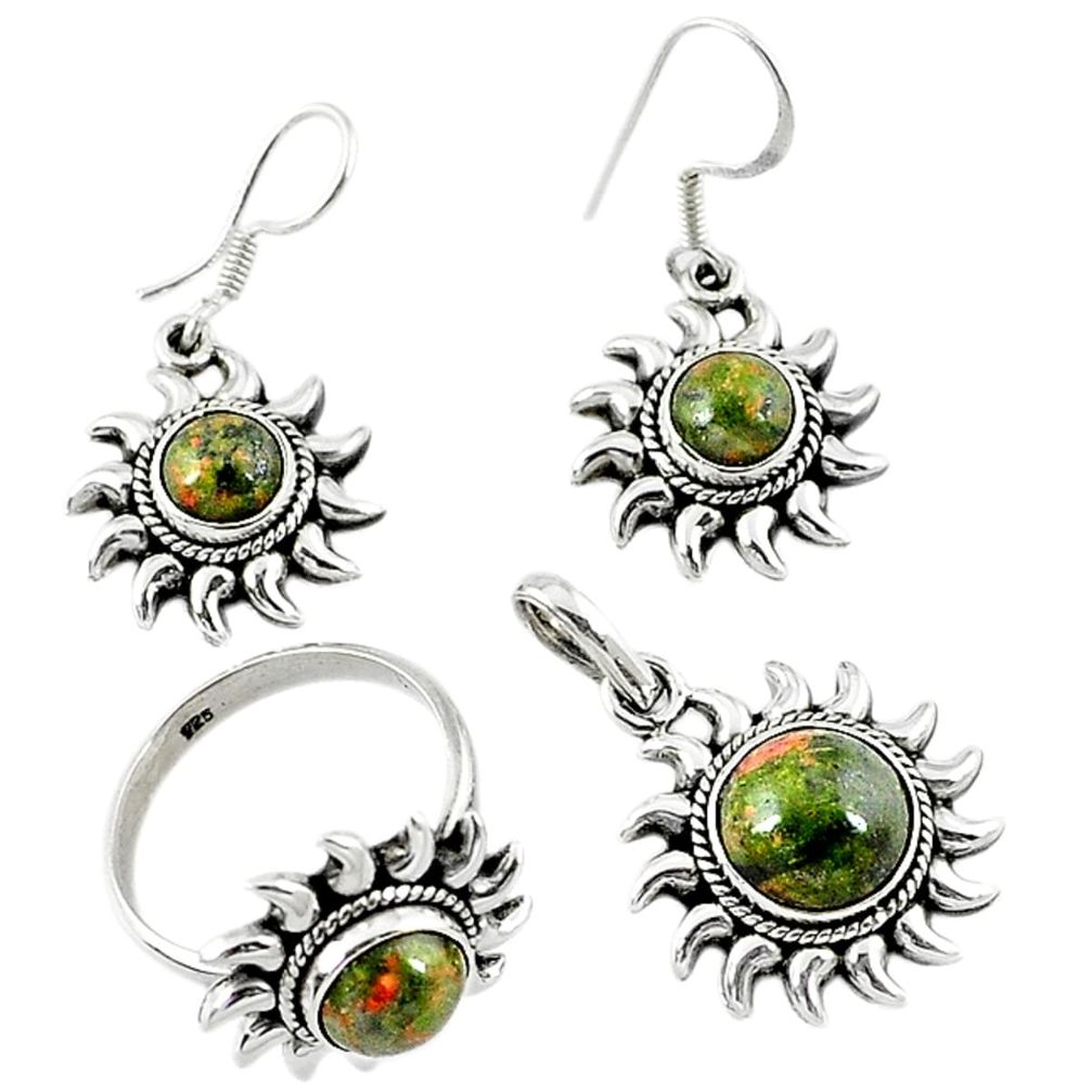 Natural green unakite 925 sterling silver pendant ring earrings set d13611