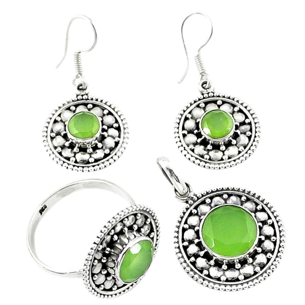 Natural green prehnite 925 sterling silver pendant ring earrings set d13617