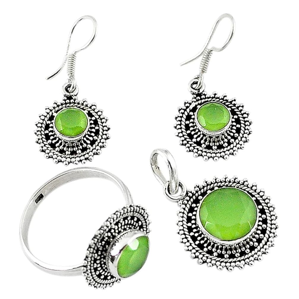 Natural green prehnite 925 silver pendant ring earrings set jewelry d13619