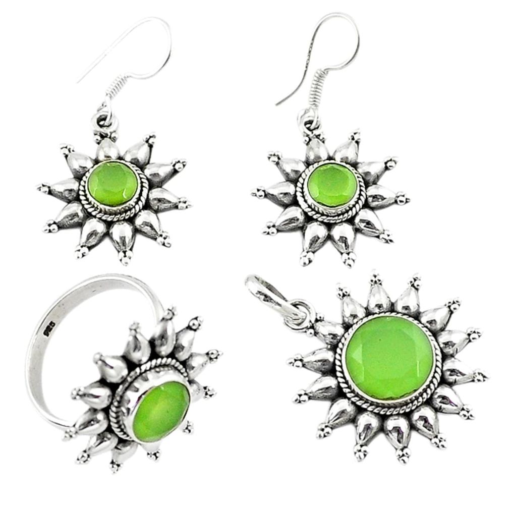 925 silver natural green prehnite round pendant ring earrings set d13620