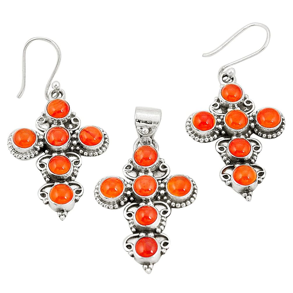 Natural orange cornelian (carnelian) 925 silver pendant earrings set d22283