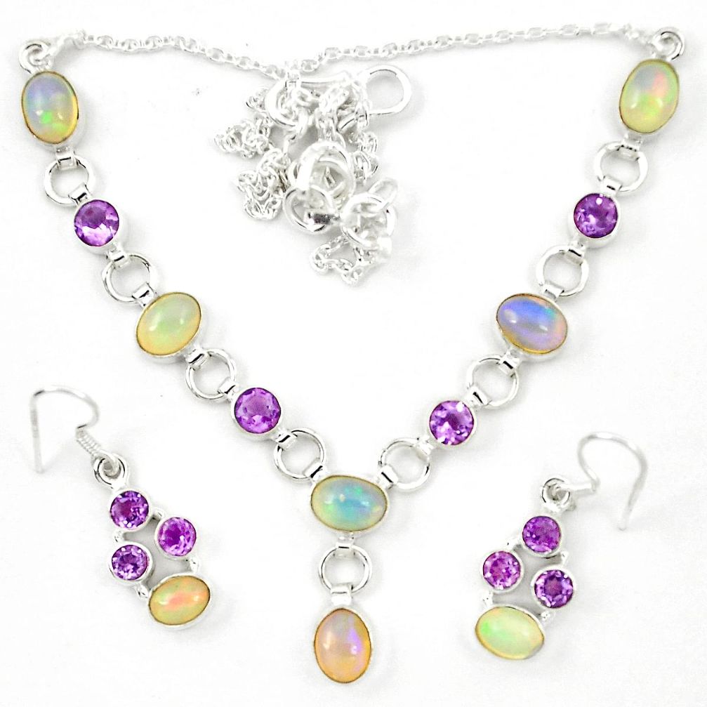 Natural ethiopian opal amethyst 925 silver earrings necklace set d23979