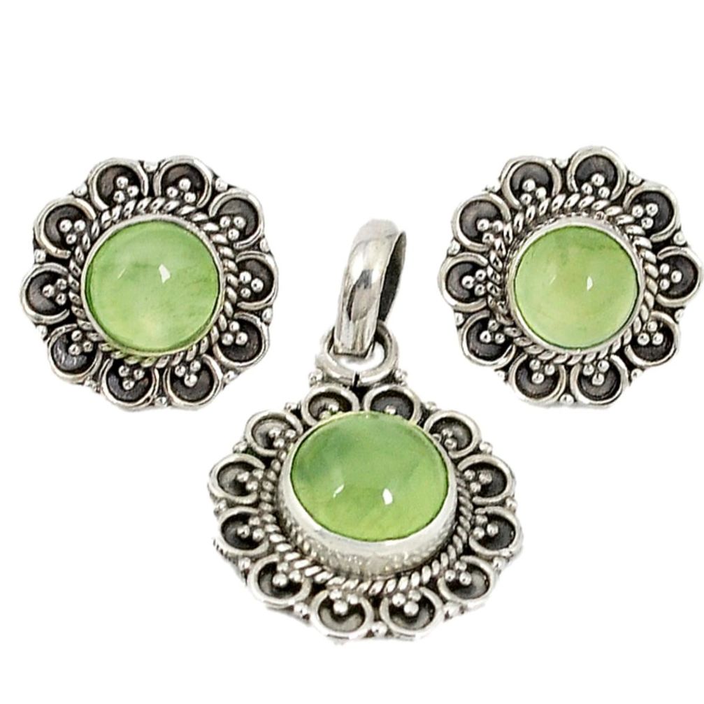 Natural green prehnite 925 sterling silver pendant earrings set d4042