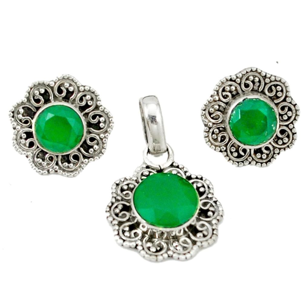 Natural green chalcedony 925 sterling silver pendant earrings set d4049