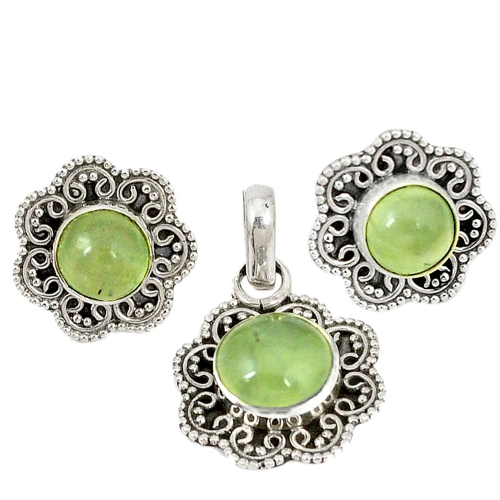 Natural green prehnite 925 sterling silver pendant earrings set d4055