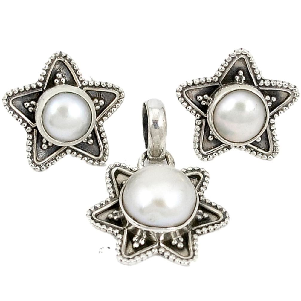 Natural white pearl round 925 sterling silver pendant earrings set d4057