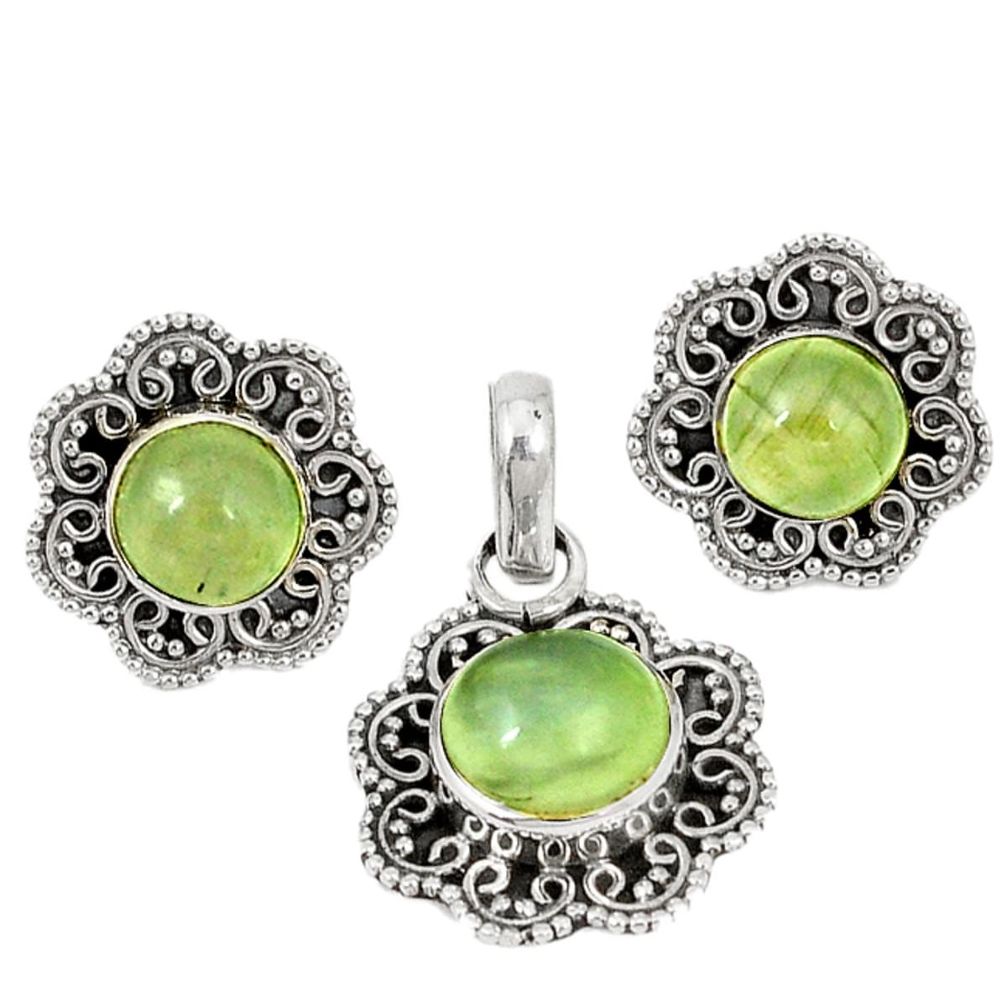 Natural green prehnite 925 sterling silver pendant earrings set d4060
